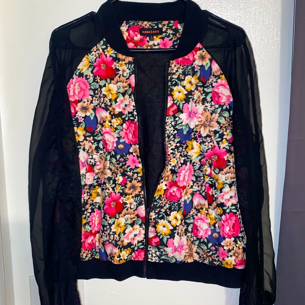 Floral Zip Up Jacket Sheer Sleeves 🌸💐🌺🌷🌼